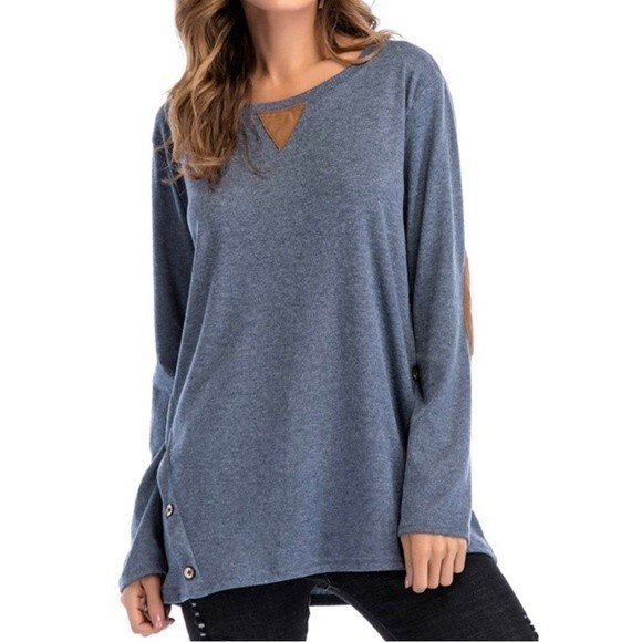 Long sleeve blue knit top with suede elbow patches and button detail size small - Picture 2 of 8